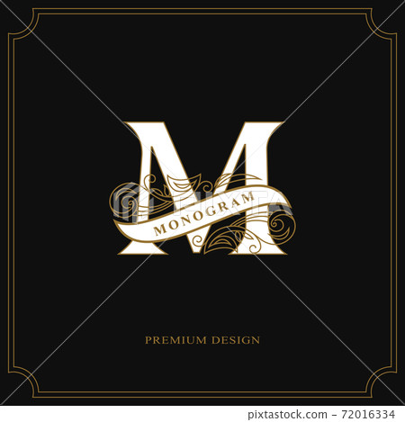 Elegant letter M. Calligraphic beautiful logo with tape for labels. Graceful style. Vintage drawn emblem for book design, brand name, business card, Restaurant, Boutique, Hotel. Vector illustration Elegant letter M. Calligraphic beautiful logo with tape for labels. Graceful style. Vintage drawn emblem for book design, brand name, business card, Restaurant, Boutique, Hotel. Vector illustration 72016334