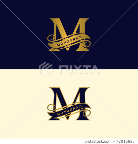 Gold letter M. Calligraphic beautiful logo with tape for labels. Graceful style. Vintage drawn emblem for book design, brand name, business card, Restaurant, Boutique, Hotel. Vector illustration 72016683