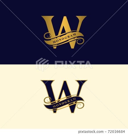 Gold letter W. Calligraphic beautiful logo with tape for labels. Graceful style. Vintage drawn emblem for book design, brand name, business card, Restaurant, Boutique, Hotel. Vector illustration 72016684