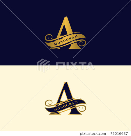 Gold letter A. Calligraphic beautiful logo with tape for labels. Graceful style. Vintage drawn emblem for book design, brand name, business card, Restaurant, Boutique, Hotel. Vector illustration 72016687