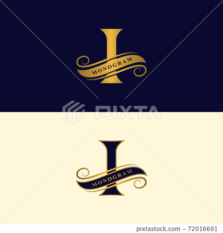 Gold letter I. Calligraphic beautiful logo with tape for labels. Graceful style. Vintage drawn emblem for book design, brand name, business card, Restaurant, Boutique, Hotel. Vector illustration 72016691