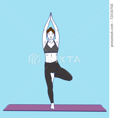 Caucasian white sportswoman meditating in yoga tree position. Young happy  sporty woman standing in yoga tree pose on the mat. Vector cartoon  illustration isolated on white background. Square layout. Stock Vector |