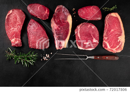 Meat variety banner with copy space. Different cuts of meat, shot from the top with seasoning Meat variety banner with copy space. Different cuts of meat, shot from the top with seasoning 72017806