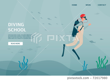Web page for diving school with diver underwater, flat vector illustration. 72017980