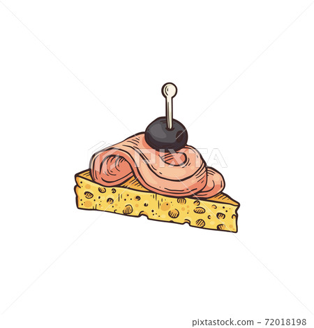 Canape snack from bread with ham on skewer sketch vector illustration isolated. 72018198