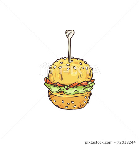 Appetizer in shape of burger on skewer, sketch vector illustration isolated. Appetizer in shape of burger on skewer, sketch vector illustration isolated. 72018244