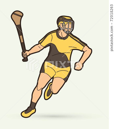 Hurling sport player action. Irish Hurley sport cartoon graphic vector. 72018263
