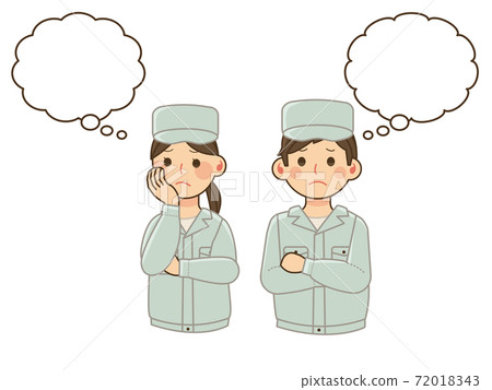 Men and women in work clothes thinking with their arms crossed Men and women in work clothes thinking with their arms crossed 72018343