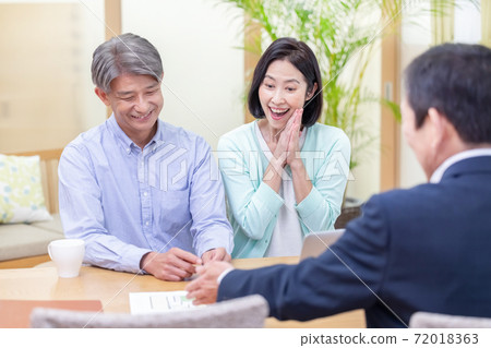 Middle couple receiving explanation from salesman 72018363