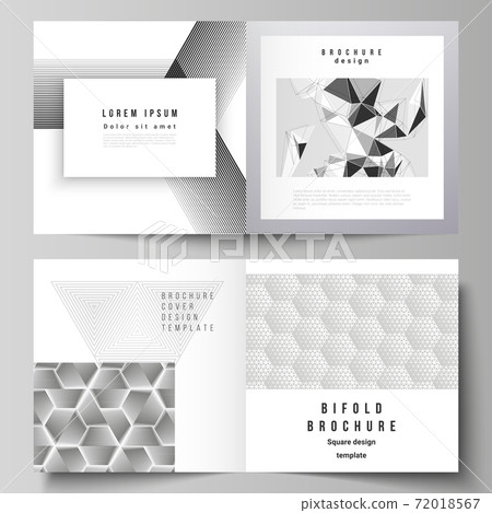 The vector layout of two covers templates for square design bifold brochure, magazine, flyer, booklet. Abstract geometric triangle design background using different triangular style patterns. The vector layout of two covers templates for square design bifold brochure, magazine, flyer, booklet. Abstract geometric triangle design background using different triangular style patterns. 72018567