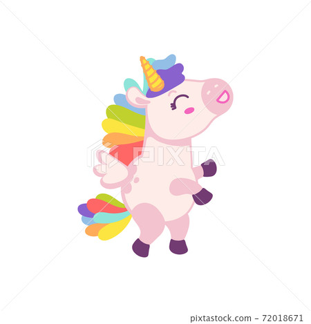 Cute baby unicorn with rainbow mane and tail flat vector illustration isolated. 72018671
