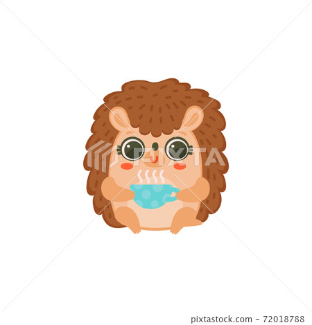 Cute hedgehog drinking hot drink, flat cartoon vector illustration isolated 72018788