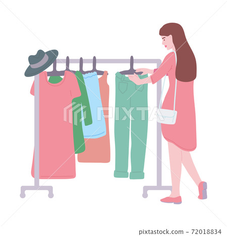Vector flat illustration of girl at swap party, flea market or old things sale Vector flat illustration of girl at swap party, flea market or old things sale 72018834
