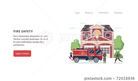Fire safety banner - firefighter station building and firetruck engine Fire safety banner - firefighter station building and firetruck engine 72018936