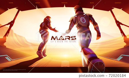 two astronauts are walking out from the spaceship to the outside on Mars, ready for the greatest exploration 72020184
