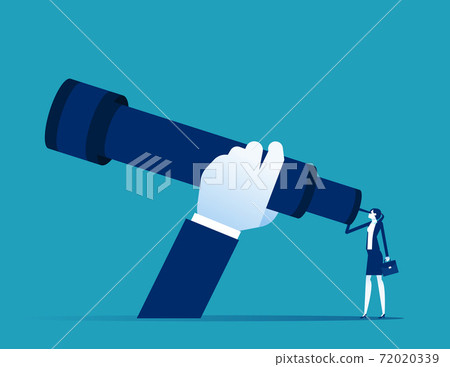 A businesswoman using a telescope. Expansion looking for investment. Big Hand and Big telescope A businesswoman using a telescope. Expansion looking for investment. Big Hand and Big telescope 72020339
