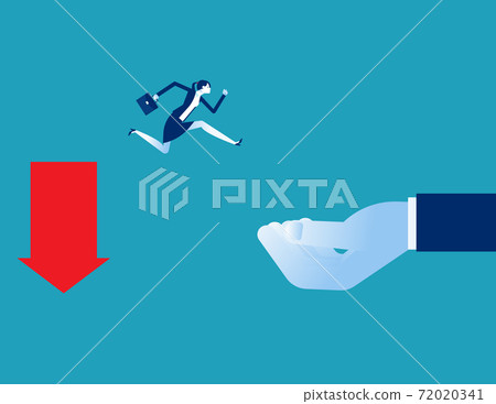Huge helping hand rescuing business person falling from downward arrow Huge helping hand rescuing business person falling from downward arrow 72020341