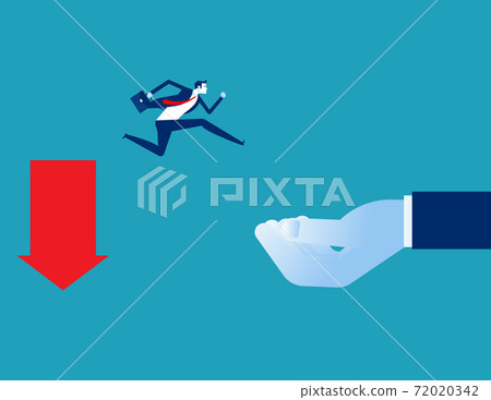 Huge helping hand rescuing business person falling from downward arrow 72020342
