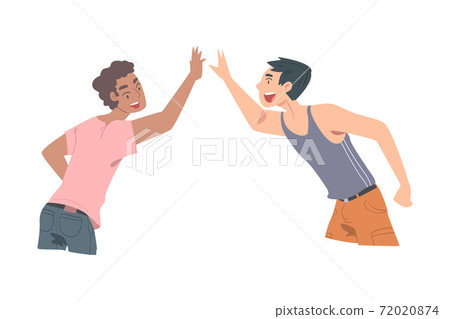 Young Men Giving High Five, Cheerful Friends and Colleagues Characters Meeting, Happiness, Agreement or Joy Expression Cartoon Style Vector Illustration 72020874