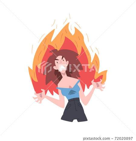 Furious Girl in Flame, Burning Fury, Rage, Stress, Burnout, Emotional Problems Cartoon Style Vector Illustration 72020897