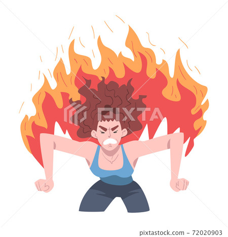 Furious Burning Woman, Stress, Burnout, Emotional Problems Concept Cartoon Style Vector Illustration Furious Burning Woman, Stress, Burnout, Emotional Problems Concept Cartoon Style Vector Illustration 72020903