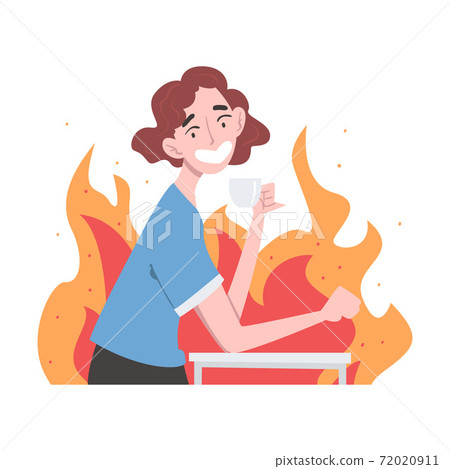 Burning Woman Drinking Hot Drink, Stress, Burnout, Emotional Problems Concept Cartoon Style Vector Illustration 72020911