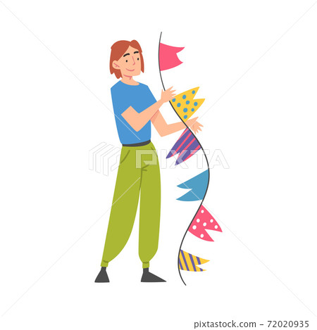 Joyful Guy with Party Flags, Happy Young Man with Holiday Symbols, Happy Birthday Concept Cartoon Style Vector Illustration Joyful Guy with Party Flags, Happy Young Man with Holiday Symbols, Happy Birthday Concept Cartoon Style Vector Illustration 72020935