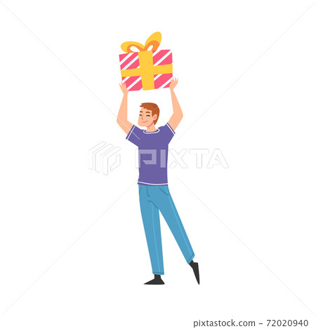Joyful Guy Holding Gift Box over His Head, Happy Person with Holiday Symbol, Happy Birthday Concept Cartoon Style Vector Illustration Joyful Guy Holding Gift Box over His Head, Happy Person with Holiday Symbol, Happy Birthday Concept Cartoon Style Vector Illustration 72020940