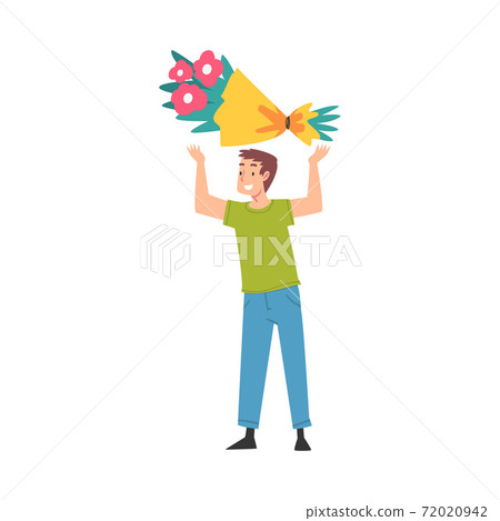 Joyful Guy Holding Festive Gift Bouquet of Flowers over His Head, Happy Person with Holiday Symbol, Happy Birthday Concept Cartoon Style Vector Illustration Joyful Guy Holding Festive Gift Bouquet of Flowers over His Head, Happy Person with Holiday Symbol, Happy Birthday Concept Cartoon Style Vector Illustration 72020942