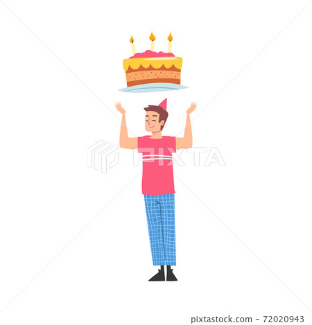 Joyful Boy in Party Hat with Festive Cake over his Head, Happy Person with Holiday Symbol, Happy Birthday Concept Cartoon Style Vector Illustration Joyful Boy in Party Hat with Festive Cake over his Head, Happy Person with Holiday Symbol, Happy Birthday Concept Cartoon Style Vector Illustration 72020943