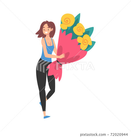 Joyful Girl with Festive Gift Bouquet of Flowers, Happy Person with Holiday Symbol, Happy Birthday Concept Cartoon Style Vector Illustration Joyful Girl with Festive Gift Bouquet of Flowers, Happy Person with Holiday Symbol, Happy Birthday Concept Cartoon Style Vector Illustration 72020944