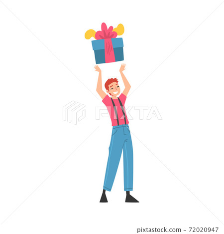 Joyful Boy with Gift Box, Happy Person with Holiday Symbol, Happy Birthday Concept Cartoon Style Vector Illustration Joyful Boy with Gift Box, Happy Person with Holiday Symbol, Happy Birthday Concept Cartoon Style Vector Illustration 72020947