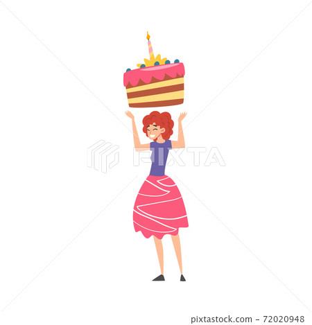Joyful Girl with Big Piece of Cake, Happy Person with Holiday Symbol, Happy Birthday Concept Cartoon Style Vector Illustration Joyful Girl with Big Piece of Cake, Happy Person with Holiday Symbol, Happy Birthday Concept Cartoon Style Vector Illustration 72020948