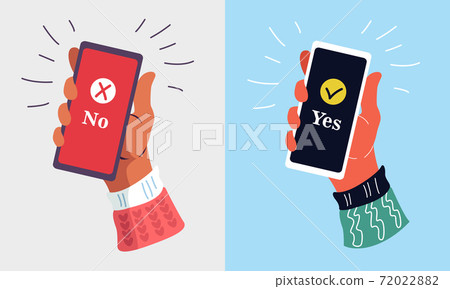 Hand holding a smartphone on isolated background. Notification of acceptance message on mobile phone.  Vector illustration. Flat cartoon design for web banners, websites, and infographics. 72022882