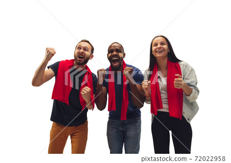Multiethnic soccer fans cheering for favourite sport team with bright emotions isolated on white studio background 72022958