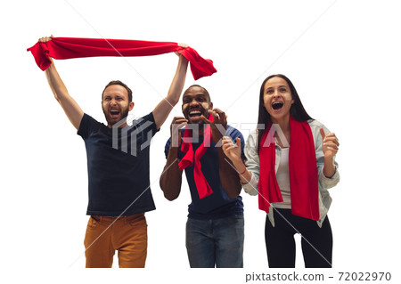 Multiethnic soccer fans cheering for favourite sport team with bright emotions isolated on white studio background 72022970
