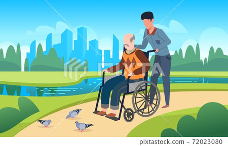 Disabled care. Young man walking with grandfather in wheelchair, public park summer landscape, physical therapy and medical care, volunteering injured people vector illustration Disabled care. Young man walking with grandfather in wheelchair, public park summer landscape, physical therapy and medical care, volunteering injured people vector illustration 72023080