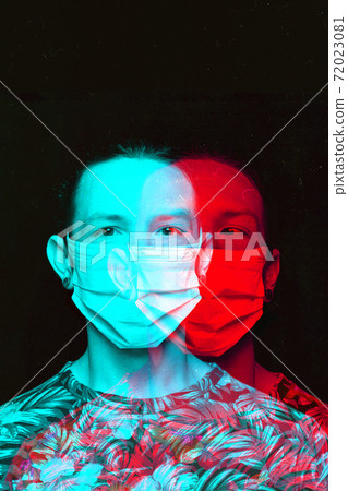 Close up portrait of caucasian man wearing face mask background. Modern and trendy duotone effect, double exposure Close up portrait of caucasian man wearing face mask background. Modern and trendy duotone effect, double exposure 72023081