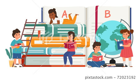 Readers kids. Tiny people and huge stack of notebooks and globe. Children reading books, young literature fans get education, boys and girls learning knowledge. Vector school concept 72023192