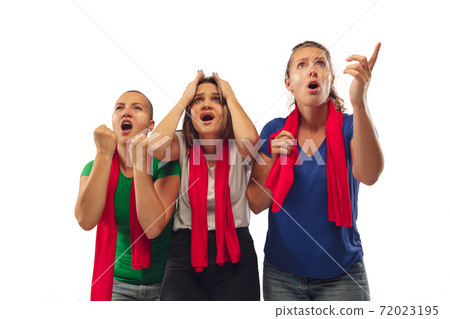 Female soccer fans cheering for favourite sport team with bright emotions isolated on white studio background 72023195