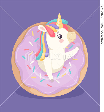 Cute unicorn with donut. Sweet poster, bakery and fantasy animal. Cute cartoon pony and cake with color glaze vector illustration Cute unicorn with donut. Sweet poster, bakery and fantasy animal. Cute cartoon pony and cake with color glaze vector illustration 72023245