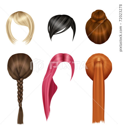 Hairs women. Glamour beauty girls short and long hairs blonde brunette red vector realistic set Hairs women. Glamour beauty girls short and long hairs blonde brunette red vector realistic set 72023278