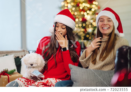 Two girls with a small dog are sitting on the couch on New Year's Eve. 72023555