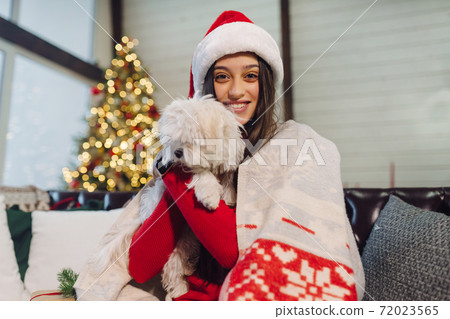 Girl with a small dog in her arms sits on the couch on new year's eve 72023565