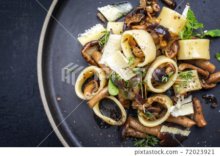 Traditional Italien calamarata noodles with mushroom and parmesan Traditional Italien calamarata noodles with mushroom and parmesan 72023921