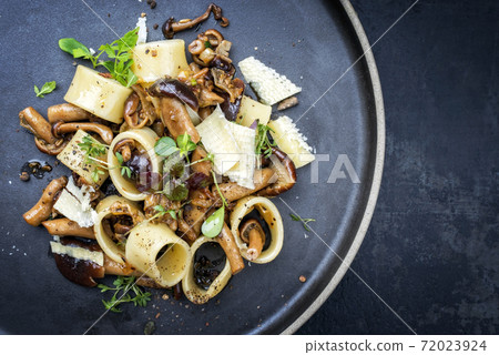 Traditional Italien calamarata noodles with mushroom and parmesan  72023924