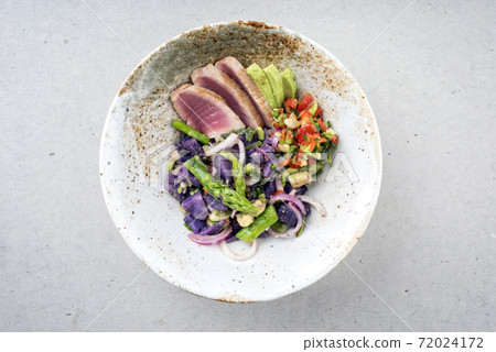 fried tuna fish sashimi filet salad with green asparagus, blue potatoes und vegetable chili relish fried tuna fish sashimi filet salad with green asparagus, blue potatoes und vegetable chili relish 72024172