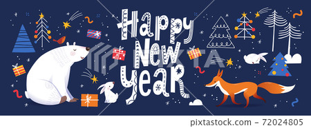 Happy New Year social media banner in Nordic Scandinavian hand drawn style with cute animals. 72024805