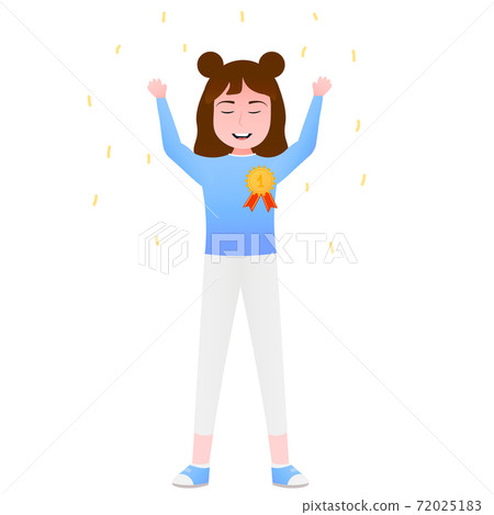 Happy little girl standing with trophy, cute winner in competition, achievement in school, gold medal Happy little girl standing with trophy, cute winner in competition, achievement in school, gold medal 72025183