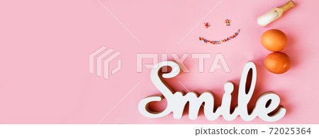 Ingredients for cooking baking - egg, sugar culinary topping on pink background. Concept of cooking dessert. banner 72025364